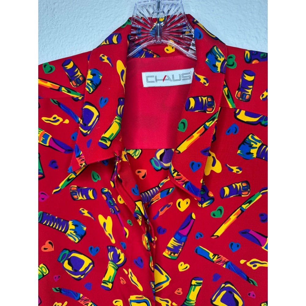 Chaus Vintage Red Makeup Print Button Down Blouse Womens 14 Long Sleeve Novelty - Picture 3 of 9